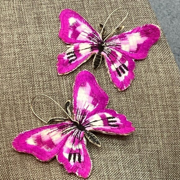 Huge Butterfly Embroidered Earrings 3 In Pierced Pink Black White Statement 80s - Picture 2 of 7